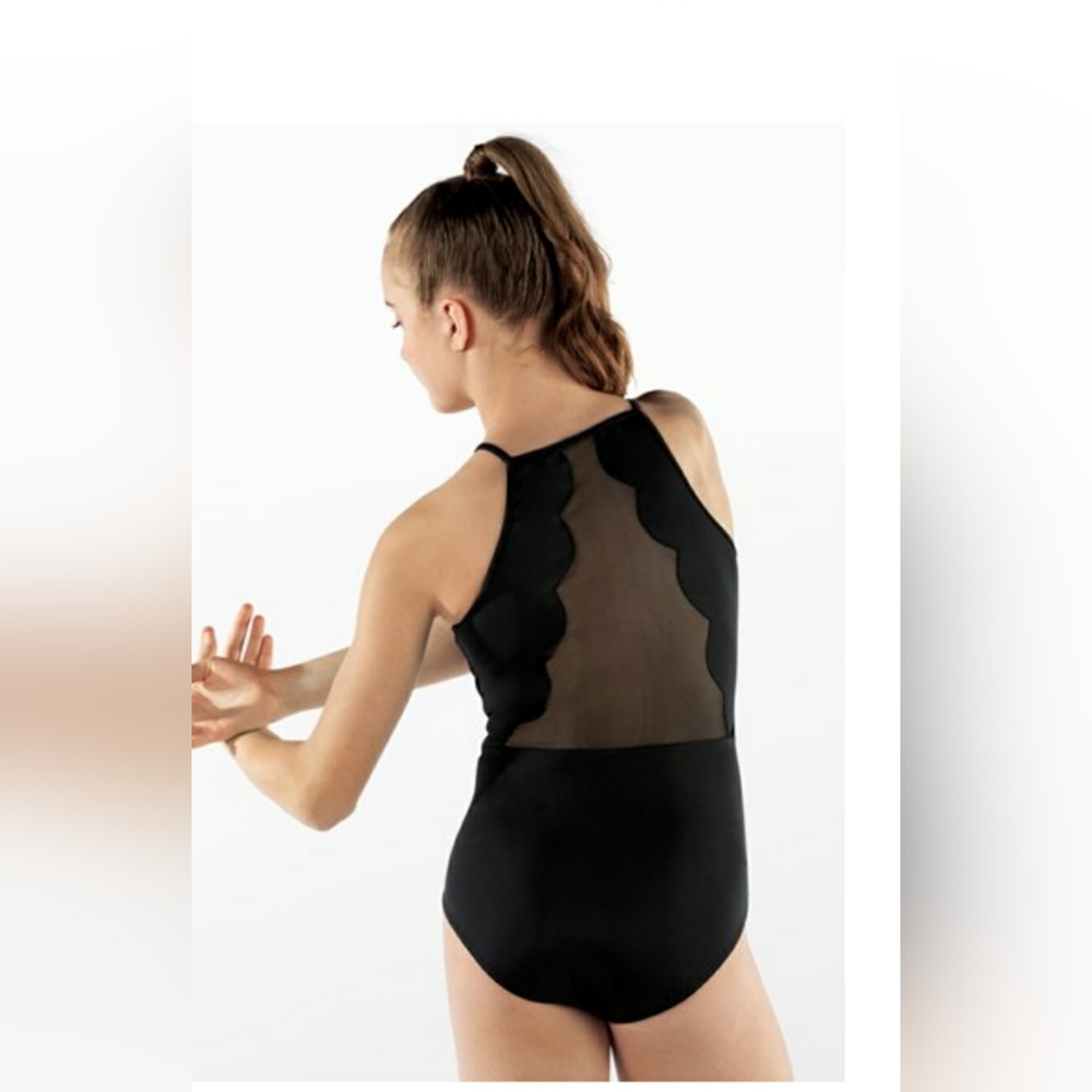 Mesh Scalloped Back Leotard Black Large